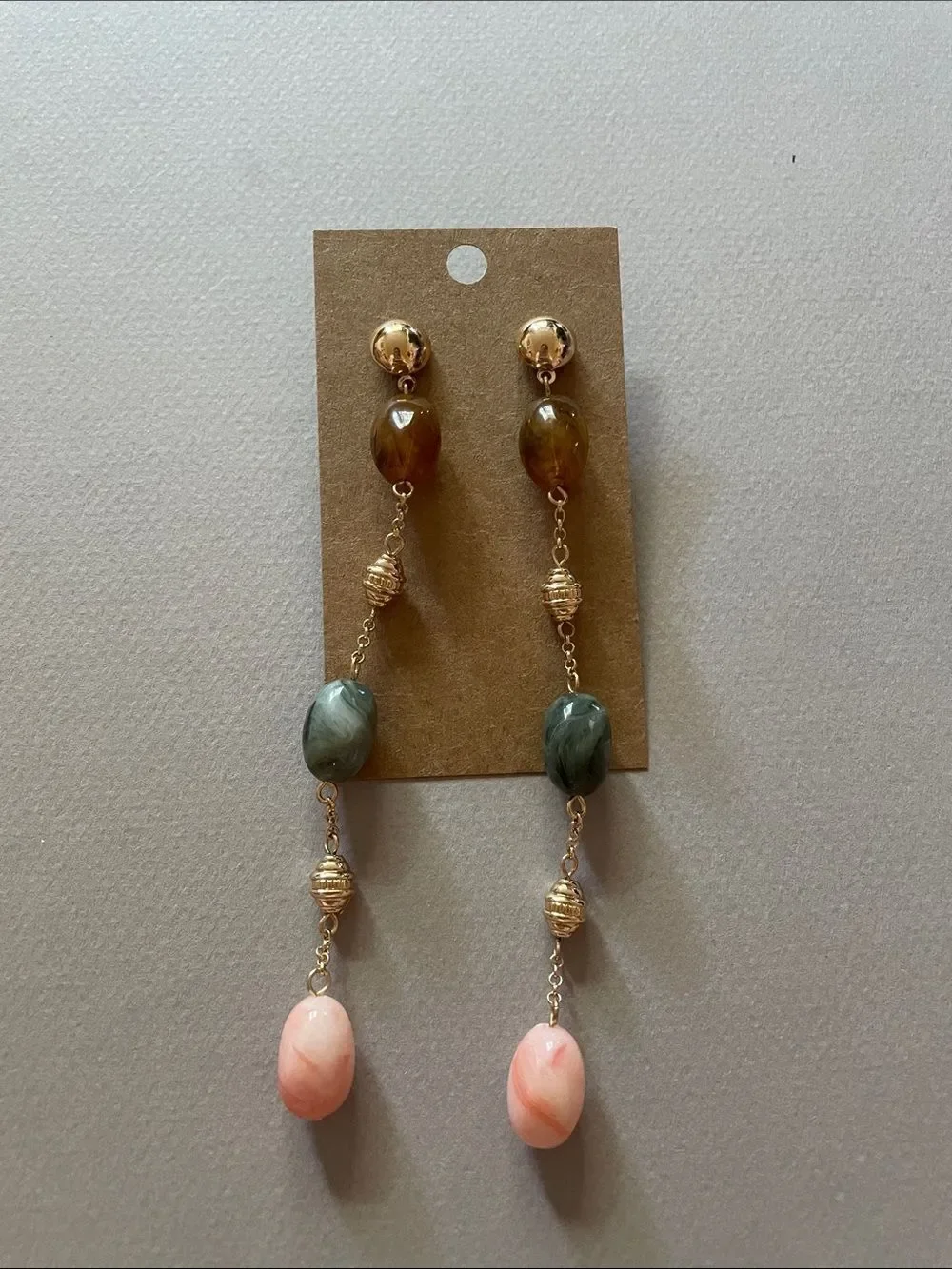 Gold Drop Earrings with Amber, Sage & Peach Beads N1487